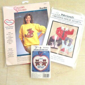 Vintage Lot of 3 Crafts Kits Fabric Appliques Patterns Counted Cross Stitch Kit